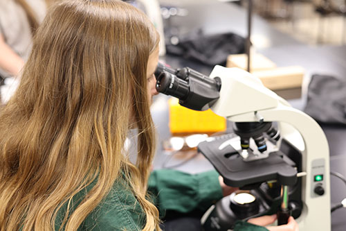 Student with long hair and a green short looks through a microscope